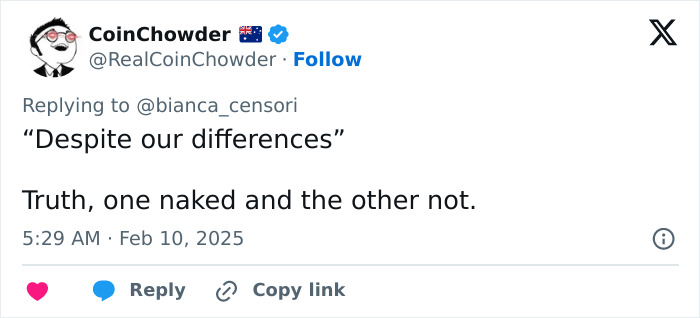 Tweet reply to Bianca Censori with text about differences, mentioning a naked truth.