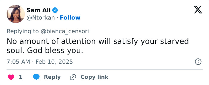 Sam Ali responds to Bianca Censori on social media, addressing attention and soul.