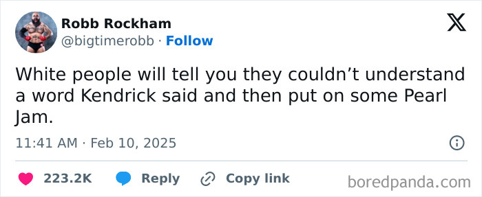 Tweet humorously highlighting cultural differences, mentioning Kendrick and Pearl Jam, celebrating Black culture.