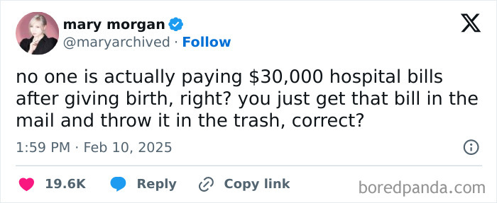 Unhinged tweet from a parent joking about ignoring $30,000 hospital bills after giving birth.