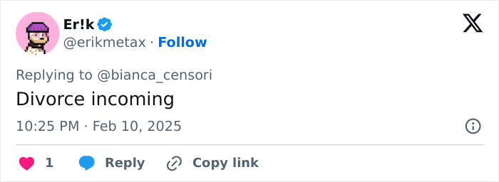 Tweet mentioning Bianca Censori denying writing a response; text states "Divorce incoming" with date and engagement icons.