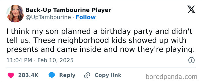 Tweet from a parent about an unexpected birthday party organized by their son with neighborhood kids.