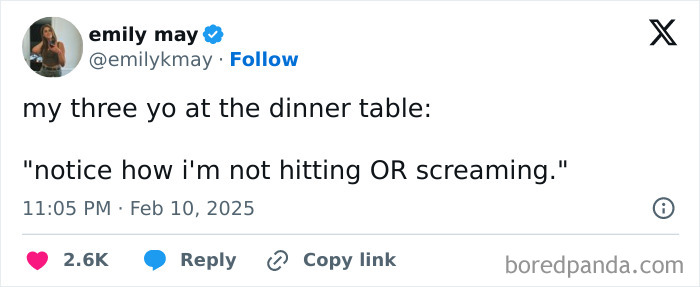 Tweet from parent sharing a humorous moment with their three-year-old at the dinner table.
