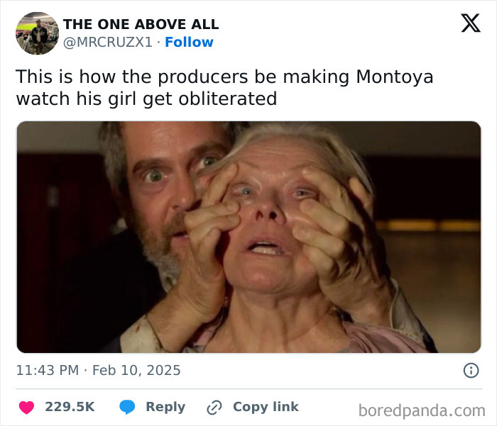 Man humorously mimicking intense scene, fingers on a woman's eyes, capturing February Tweets laughter moment.