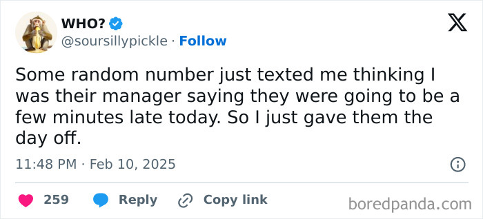 Humorous Resources meme: A mistaken text meant for a manager leads to granting an unexpected day off.