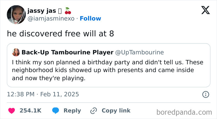 Tweet humor about a child's independent birthday party planning.