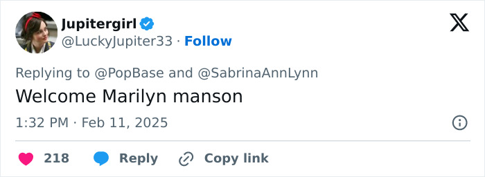 Screenshot of a tweet responding to Sabrina Carpenter&rsquo;s Vogue photos with a humorous comment.