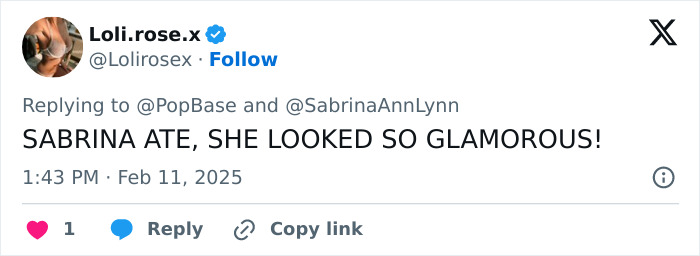 Tweet praising Sabrina Carpenter for looking glamorous in Vogue photos.