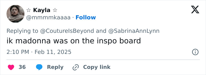 Tweet mentioning Sabrina Carpenter, sharing thoughts on her new Vogue photos and their inspiration from Madonna.