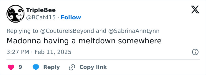 A tweet referencing Sabrina Carpenter's Vogue photos, suggesting a dramatic reaction.