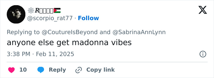 Tweet mentioning Sabrina Carpenter's new Vogue photos, user comments "anyone else get madonna vibes.