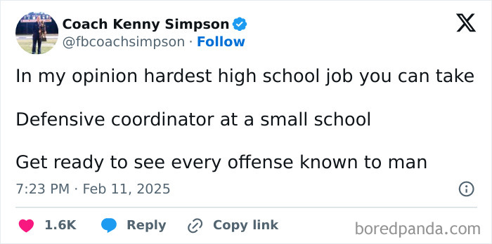 Tweet from Coach Kenny Simpson about the challenges of being a high school defensive coordinator.
