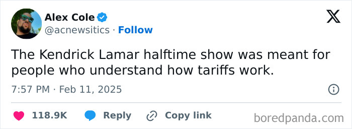 Tweet from Alex Cole joking about Kendrick Lamar's halftime show and tariffs, celebrating Black culture humor.