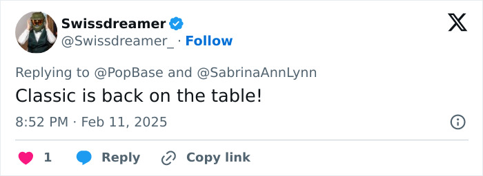 Tweet by Swissdreamer reacting to Sabrina Carpenter&rsquo;s new Vogue photos, stating "Classic is back on the table!