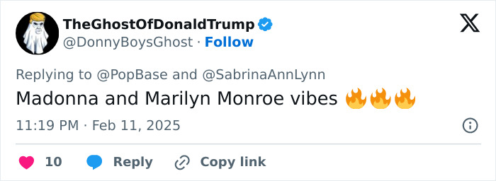Tweet reacting to Sabrina Carpenter&rsquo;s Vogue photos, suggesting Madonna and Marilyn Monroe vibes with fire emojis.