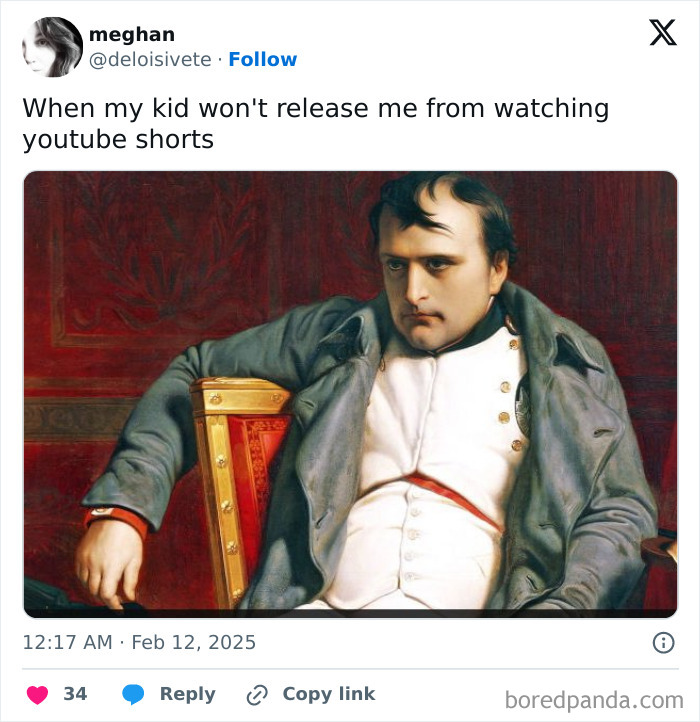 Parent tweet with a humorous caption about kids and YouTube shorts, featuring a historical painting.