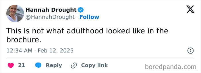 Tweet about the unexpected reality of adulthood, highlighting humorous contrast to expectations.