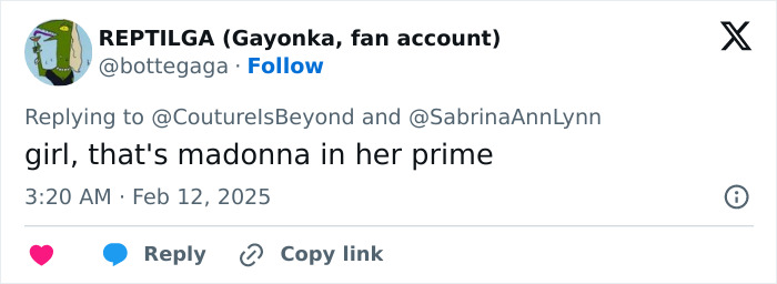 Tweet reacting to Sabrina Carpenter's Vogue photos, comparing her to Madonna.