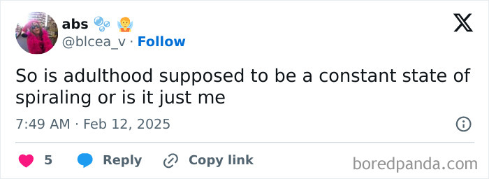 A funny tweet about spiraling in adulthood with likes and replies shown.