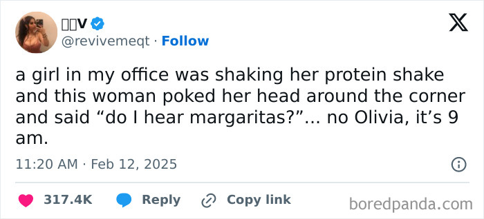 Tweet about office humor with a protein shake mistaken for margaritas, generating laughter online.