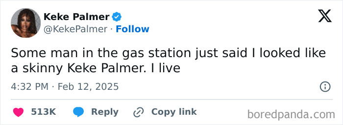 Tweet by Keke Palmer humorously celebrating Black culture at a gas station interaction.