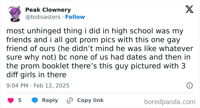 Tweet about an unhinged high school prom story involving a friend in multiple photos.