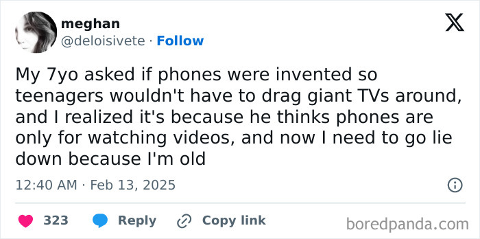 Tweet humorously reflecting a parent's experience with kids, questioning why phones replaced giant TVs for teens.