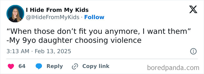 Tweet from a parent humorously describing their daughter's assertive comment about wanting clothes.