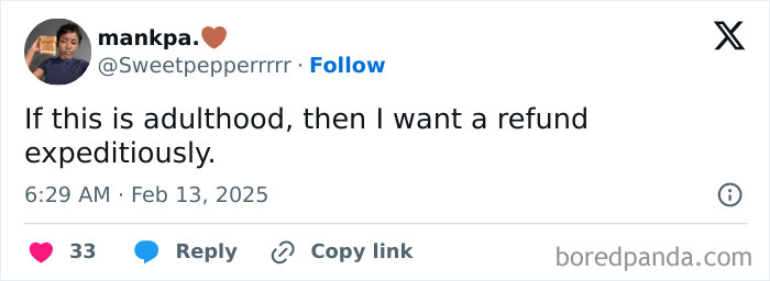 Tweet humorously questioning adulthood expectations.