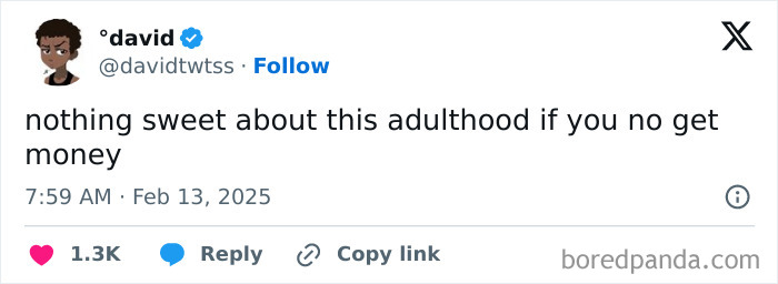 Tweet humorously critiquing adulthood, emphasizing money challenges.