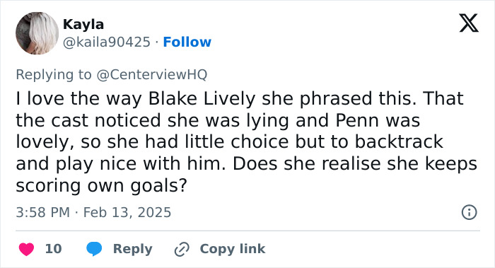 Blake Lively mentioned in a tweet about cast interactions and dynamics with co-stars.