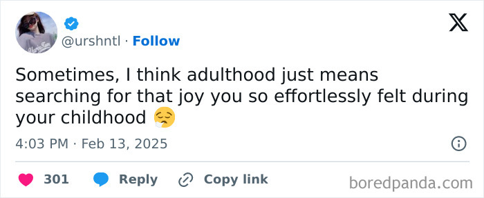 A tweet about the humor and challenges of adulthood, reflecting on lost childhood joy.