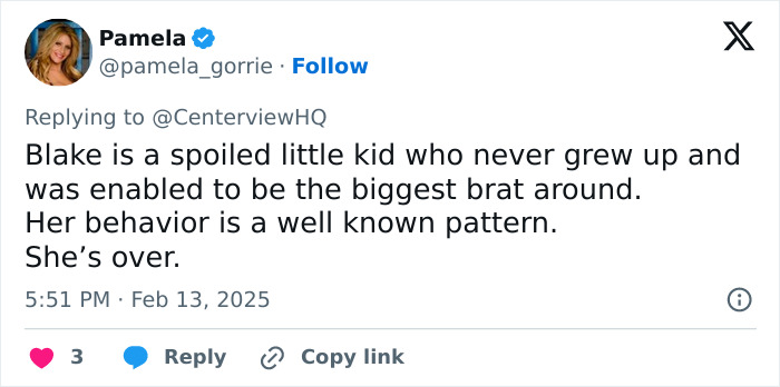 Tweet reaction to Blake Lively confessing about influencing co-stars, calling her behavior a known pattern.