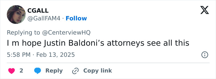 CGALL tweets about Justin Baldoni amid Blake Lively's confession controversy.