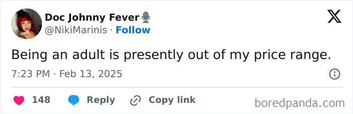 Tweet humorously comments on the cost of adulthood, saying it's out of their price range, with engagement icons visible.