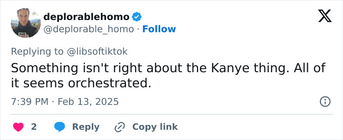 Tweet questioning if Kanye and Bianca's situation seems orchestrated, suspecting a lie for attention.