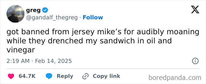 Tweet about getting banned for moaning at Jersey Mike's, humorously shared online.