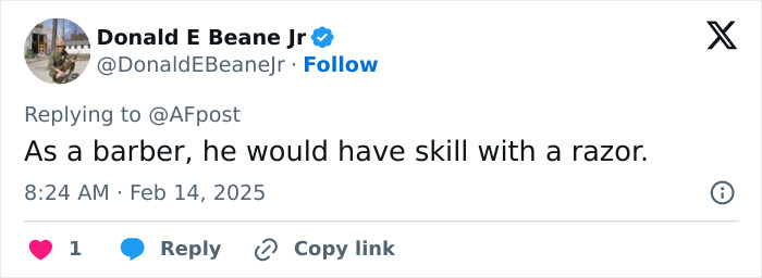 Tweet by Donald E Beane Jr discussing Jack the Ripper's skills as a barber with a razor.