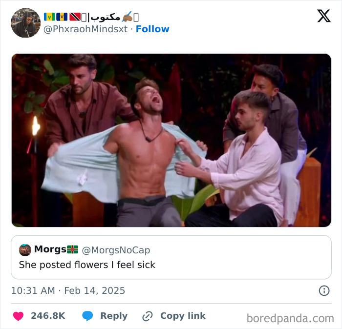 Four men in a comedic pose, one dramatically pulling his shirt open, embody laughter from viral February tweets.