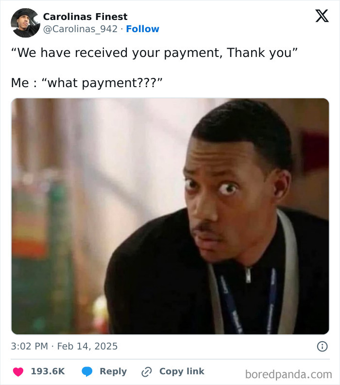 Man looking surprised in a humorous tweet celebrating Black culture, with a caption about an unexpected payment.