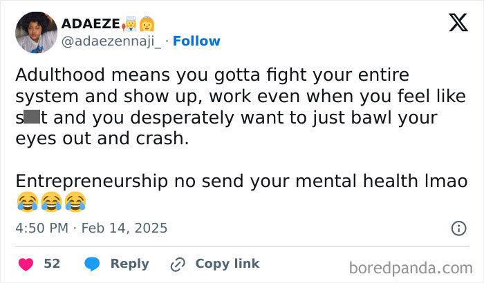 Social media post humorously describing the challenges of adulthood with emojis and likes.