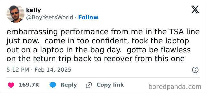 Tweet about TSA line mishap, gaining laughs online.