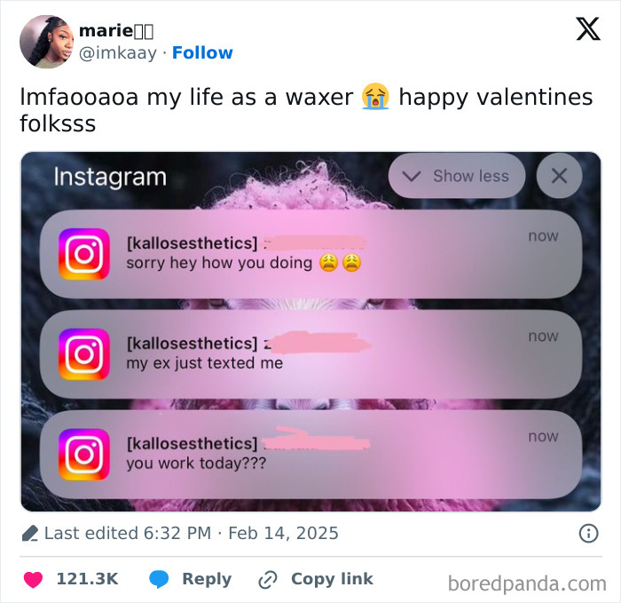 Instagram messages humorously highlighting waxing life on Valentine's Day.