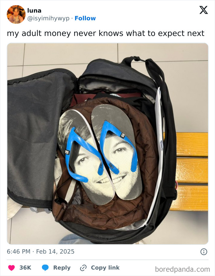 Flip-flops with a face print inside a bag, capturing hilarious adulthood moments.