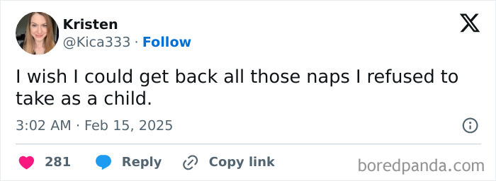 Tweet from a parent wishing for missed childhood naps, reflecting on parenting challenges.