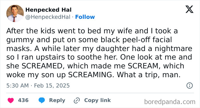Parent tweets about a family bedtime mishap involving facial masks and a string of screams.