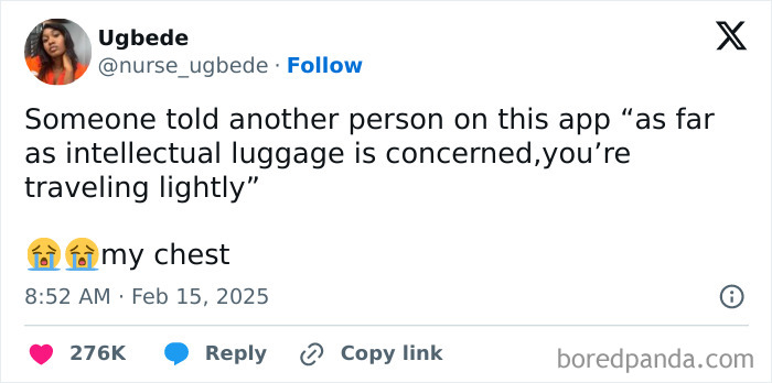 Funny February tweet about “intellectual luggage” sparking laughter and tears, with 276K likes and crying emojis.