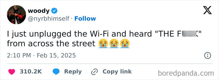 Tweet about unplugging Wi-Fi causing laughter, with crying emojis and high engagement.