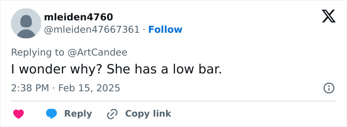 Tweet reply mentioning low bar in response to a comment about Elon Musk's 13th child and Ashley St. Clair. Tweet reply mentioning low bar in response to a comment about Elon Musk's 13th child and Ashley St. Clair.