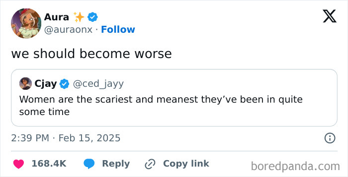 Tweet about becoming worse in response to another tweet, related to February internet laughter.